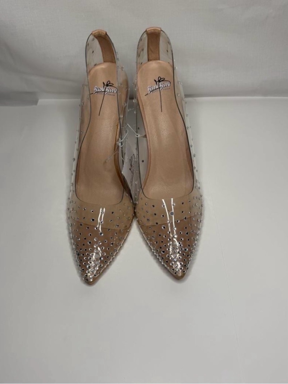 Bisou Bisou Nude Clear Pointed Pumps with Rhinestone Studs